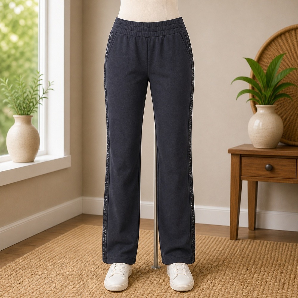Belle Kim Gravel Black Rhinestone Side Stripe‎ Knit Pants Womens XLT Tall XL